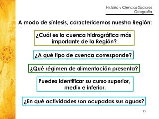A modo de síntesis, caractericemos nuestra Región:  ¿Cuál es la cuenca hidrográfica más  importante de la Región? ¿Qué régimen de alimentación presenta? Puedes identificar su curso superior,  medio e inferior. ¿En qué actividades son ocupadas sus aguas? ¿A qué tipo de cuenca corresponde? 