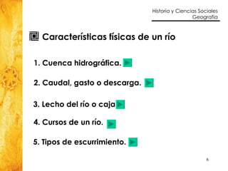 Características físicas de un río 1. Cuenca hidrográfica. 2. Caudal, gasto o descarga. 3. Lecho del río o caja. 4. Cursos de un río. 5. Tipos de escurrimiento. 