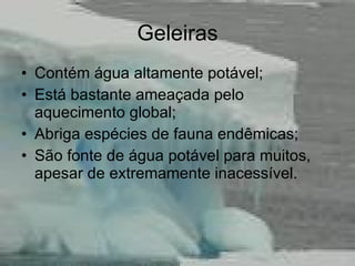 Geleiras Contém água altamente potável; Está bastante ameaçada pelo aquecimento global; Abriga espécies de fauna endêmicas; São fonte de água potável para muitos, apesar de extremamente inacessível. 