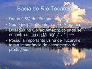 Bacia do Rio Tocantins Drena 9,5% do território nacional; Seu principal afluente é o Rio Araguaia; Desagua no Golfão Amazônico onde se encontra a Ilha de Marajó; Possui a importante usina de Tucuruí e tem a importância de escoamento de produções. 
