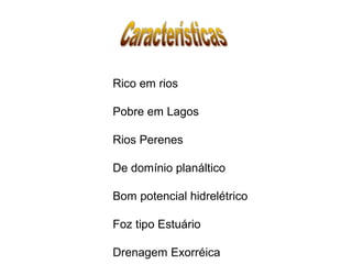 Rico em rios
Pobre em Lagos
Rios Perenes
De domínio planáltico
Bom potencial hidrelétrico
Foz tipo Estuário
Drenagem Exorréica
 