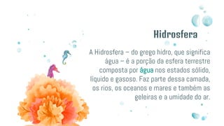 Hidrosfera
A Hidrosfera – do grego hidro, que significa
água – é a porção da esfera terrestre
composta por água nos estados sólido,
líquido e gasoso. Faz parte dessa camada,
os rios, os oceanos e mares e também as
geleiras e a umidade do ar.
 