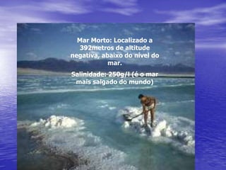 Mar Morto: Localizado a
392metros de altitude
negativa, abaixo do nível do
mar.
Salinidade: 250g/l (é o mar
mais salgado do mundo)
 