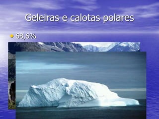 Geleiras e calotas polares
• 68,6%
 