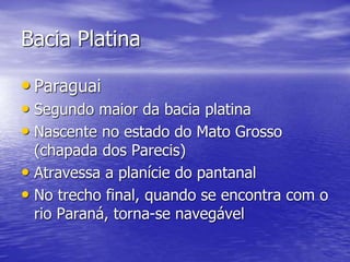 Bacia Platina
• Paraguai
• Segundo maior da bacia platina
• Nascente no estado do Mato Grosso
(chapada dos Parecis)
• Atravessa a planície do pantanal
• No trecho final, quando se encontra com o
rio Paraná, torna-se navegável
 