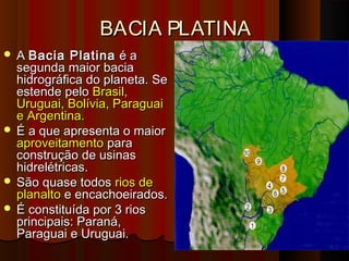 BACIA PLATINA
 A Bacia    Platina é a
  segunda maior bacia
  hidrográfica do planeta. Se
  estende pelo Brasil,
  Uruguai, Bolívia, Paraguai
  e Argentina.
 É a que apresenta o maior
  aproveitamento para
  construção de usinas
  hidrelétricas.
 São quase todos rios de
  planalto e encachoeirados.
 É constituída por 3 rios
  principais: Paraná,
  Paraguai e Uruguai.
 