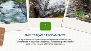 4
A água que cai na superfície terrestre pode se infiltrar no solo,
alimentando os aquíferos e nascentes, ou escoar superficialmente
para os rios e lagos, retornando aos oceanos.
INFILTRAÇÃO E ESCOAMENTO:
 