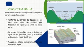 A estrutura da bacia hidrográfica é composta
por diversos elementos:
• Iterflúvio ou divisor de águas: são as
áreas mais altas, responsáveis por
direcionar as águas para uma ou outra
bacia.
• Vertente: é o declive entre o divisor de
água e o rio principal, pelo qual correm
as águas dos rios tributários.
• Talvegue: é o local mais profundo do vale
do curso d'água.
Estrutura DA BACIA
 