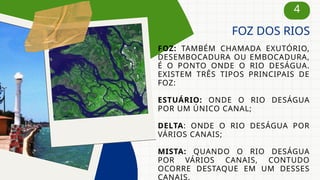 4
FOZ: TAMBÉM CHAMADA EXUTÓRIO,
DESEMBOCADURA OU EMBOCADURA,
É O PONTO ONDE O RIO DESÁGUA.
EXISTEM TRÊS TIPOS PRINCIPAIS DE
FOZ:
ESTUÁRIO: ONDE O RIO DESÁGUA
POR UM ÚNICO CANAL;
DELTA: ONDE O RIO DESÁGUA POR
VÁRIOS CANAIS;
MISTA: QUANDO O RIO DESÁGUA
POR VÁRIOS CANAIS, CONTUDO
OCORRE DESTAQUE EM UM DESSES
CANAIS.
FOZ DOS RIOS
 