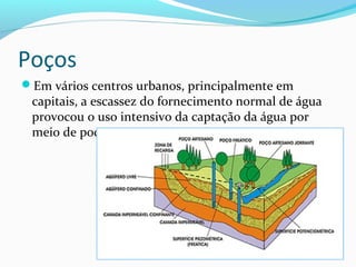 Poços
Em vários centros urbanos, principalmente em
capitais, a escassez do fornecimento normal de água
provocou o uso intensivo da captação da água por
meio de poços .
 