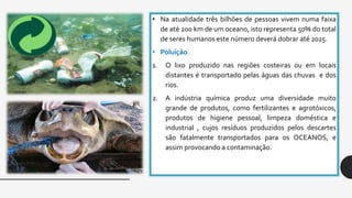• Na atualidade três bilhões de pessoas vivem numa faixa
de até 200 km de um oceano, isto representa 50% do total
de seres humanos este número deverá dobrar até 2025.
• Poluição
1. O lixo produzido nas regiões costeiras ou em locais
distantes é transportado pelas águas das chuvas e dos
rios.
2. A indústria química produz uma diversidade muito
grande de produtos, como fertilizantes e agrotóxicos,
produtos de higiene pessoal, limpeza doméstica e
industrial , cujos resíduos produzidos pelos descartes
são fatalmente transportados para os OCEANOS, e
assim provocando a contaminação.
 