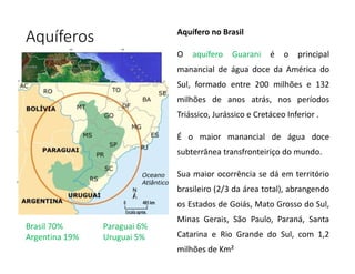 Aquíferos Aquífero no Brasil
O aquífero Guarani é o principal
manancial de água doce da América do
Sul, formado entre 200 milhões e 132
milhões de anos atrás, nos períodos
Triássico, Jurássico e Cretáceo Inferior .
É o maior manancial de água doce
subterrânea transfronteiriço do mundo.
Sua maior ocorrência se dá em território
brasileiro (2/3 da área total), abrangendo
os Estados de Goiás, Mato Grosso do Sul,
Minas Gerais, São Paulo, Paraná, Santa
Catarina e Rio Grande do Sul, com 1,2
milhões de Km²
Imagem: Nathan Sodré Salvatierra / Aquífero Guaraní / Public Domain.
Brasil 70%
Argentina 19%
Paraguai 6%
Uruguai 5%
 
