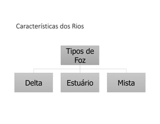 Características dos Rios
Tipos de
Foz
Delta Estuário Mista
 