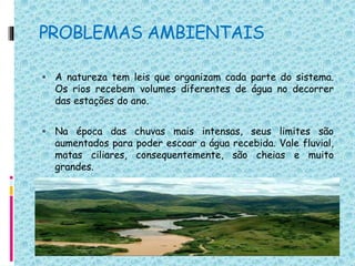 PROBLEMAS AMBIENTAIS
 A natureza tem leis que organizam cada parte do sistema.
Os rios recebem volumes diferentes de água no decorrer
das estações do ano.
 Na época das chuvas mais intensas, seus limites são
aumentados para poder escoar a água recebida. Vale fluvial,
matas ciliares, consequentemente, são cheias e muito
grandes.
 