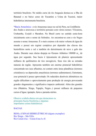 território brasileiro. No médio curso do rio Araguaia destaca-se a Ilha do
Bananal e no baixo curso do Tocantins a Usina de Tucuruí, maior
hidrelétrica inteiramente brasileira.

*Bacia Amazônica : o rio Amazonas nasce no sul do Peru, na Cordilheira
dos Andes e atravessa o território peruano com vários nomes: Vilcanota,
Urubamba, Ucaiali e Marañon. No Brasil corre no sentido oeste-leste
inicialmente com o nome de Solimões. Ao encontrar-se com o rio Negro
assume o nome Amazonas. É o mais extenso e de maior volume de água do
mundo e possui um regime complexo por depender das chuvas dos
hemisférios norte e sul e também do derretimento de neve e gelo dos
Andes. Durante suas cheias despeja no Oceano Atlântico 100000 m_ de
água por segundo. Sua bacia é tipicamente de planície apresentando
milhares de quilômetros de rios navegáveis. Seus rios são as estradas
naturais da região. Apresenta também um enorme potencial hidrelétrico
concentrado nos seus afluentes, no contato entre áreas planálticas (terrenos
cristalinos) e as depressões amazônicas (terrenos sedimentares). Entretanto,
esse potencial é pouco aproveitado. Os reduzidos desníveis altimétricos na
região dificultam o aproveitamento para produção de energia provocando
grandes alagamentos e significativo impacto ambiental. Além dos grandes
rios (Madeira, Xingu, Tapajós, Negro...) possui milhares de pequenos
cursos d’água: igarapés, furos e paranás-mirins.

Observe a tabela abaixo em que destacamos as
principais bacias brasileiras e algumas
importantes usinas hidrelétricas

BACIAS

RIOS e USINAS HIDRELÉTRICAS (alguns exemplos)
Rio Xingu – São Félix
Rio Curuá-Una – Curuá-Uma I e II
 