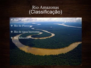 Rio Amazonas
(Classificação)
 Rio Perene:
 Rio de Planície:
 Rio de água barrenta:
 Rio Efluente:
 