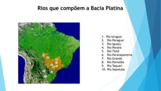 1. Rio Uruguai
2. Rio Paraguai
3. Rio Iguaçu
4. Rio Paraná
5. Rio Tietê
6. Rio Paranapanema
7. Rio Grande
8. Rio Parnaíba
9. Rio Taquari
10. Rio Sepotuba
Rios que compõem a Bacia Platina
 