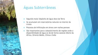 Águas Subterrâneas
 Segundo maior depósito de água doce da Terra
 Se acumulam em reservatórios naturais no interior da
crosta
 Processo de Infiltração em áreas com rochas porosas
 São importantes para o abastecimento de regiões onde a
disponibilidade de água se dá de forma sazonal (Norte da
África, Oriente Médio, China e Índia
 