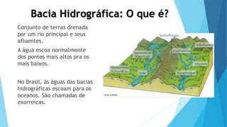 Conjunto de terras drenada
por um rio principal e seus
afluentes.
A água escoa normalmente
dos pontos mais altos pra os
mais baixos.
No Brasil, ás águas das bacias
hidrográficas escoam para os
oceanos. São chamadas de
exorreicas.
Bacia Hidrográfica: O que é?
 