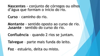 Nascentes - conjunto de córregos ou olhos
d’água que formam o início do rio.
Curso – caminho do rio.
Montante - sentido oposto ao curso de rio.
Jusante – sentido do curso do rio.
Confluência – quando 2 rios se juntam.
Talvegue – parte mais funda do leito.
Foz – estuário, delta ou misto.
 