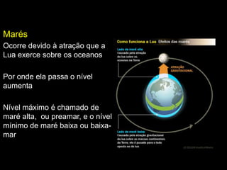 Marés
Ocorre devido à atração que a
Lua exerce sobre os oceanos
Por onde ela passa o nível
aumenta
Nível máximo é chamado de
maré alta, ou preamar, e o nível
mínimo de maré baixa ou baixa-
mar
 