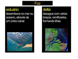 delta
desague com vários
braços, ramificados,
formando ilhas
estuário
desemboca no mar ou
oceano, através de
um único canal
Foz
 