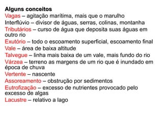 Alguns conceitos
Vagas – agitação marítima, mais que o marulho
Interflúvio – divisor de águas, serras, colinas, montanha
Tributários – curso de água que deposita suas águas em
outro rio
Exutório – todo o escoamento superficial, escoamento final
Vale – área de baixa altitude
Talvegue – linha mais baixa de um vale, mais fundo do rio
Várzea – terreno as margens de um rio que é inundado em
época de chuva
Vertente – nascente
Assoreamento – obstrução por sedimentos
Eutrofização – excesso de nutrientes provocado pelo
excesso de algas
Lacustre – relativo a lago
 