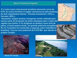 Bacia Tocantins-Araguaia É a maior bacia inteiramente brasileira drenando cerca de 9,5% do nosso território A região caracteriza-se pela presença de dois importantes biomas - Floresta Amazônica ( 35%) e Cerrado ( 65% ). Apresenta  longos trechos navegáveis sendo utilizada para escoar parte da produção de grãos (destaque para a soja) das regiões que banha. O rio Araguaia se destaca como área de pesca. A bacia possui ainda, um grande potencial energético. No rio Tocantins foi construída a segunda maior hidrelétrica brasileira, Tucuruí com potencial de 8.370 Mw  que atende ao projeto Carajás .  Minas de carajás   