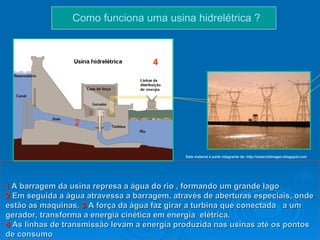 Como funciona uma usina hidrelétrica ?  1   A barragem da usina   represa a água do rio , formando um grande lago 2  Em seguida a água atravessa a barragem, através de aberturas especiais, onde estão as maquinas.  3  A força da água faz girar a turbina que conectada  a um gerador, transforma a energia cinética em energia  elétrica.  4  As linhas de transmissão levam a energia produzida nas usinas até os pontos de consumo 1 2 3 4 Este material é parte integrante de: http://salacristinageo.blogspot.com 