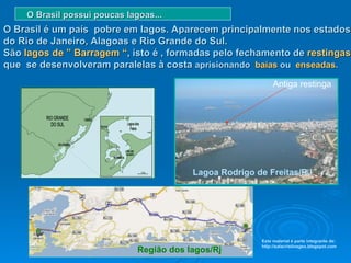 O Brasil possui poucas lagoas... O Brasil é um país  pobre em lagos. Aparecem principalmente nos estados do Rio de Janeiro, Alagoas e Rio Grande do Sul.  São  lagos de ” Barragem “ ,  isto é , formadas pelo fechamento de  restingas  que  se desenvolveram paralelas à costa  aprisionando  baías  ou  enseadas . Antiga restinga  Lagoa Rodrigo de Freitas/RJ Região dos lagos/Rj Este material é parte integrante de: http://salacristinageo.blogspot.com 