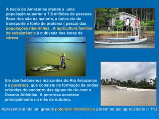 Um dos fenômenos marcantes do Rio Amazonas é a  pororoca , que consiste na formação de ondas oriundas do encontro das água...
