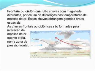 Frontais ou ciclônicas: São chuvas com magnitude
diferentes, por causa da diferenças das temperaturas de
massas de ar. Essas chuvas abrangem grandes áreas
espaciais.
As chuvas frontais ou ciclônicas são formadas pela
interação de
massas de ar
quente e fria,
numa zona de
pressão frontal.
 