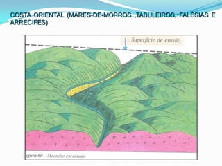 Características dos “Litorais” Brasileiros - SetentrionalLitoral Norte – é também chamado de Litoral Setentrional e se estende da foz do rio Oiapoque, ou cabo Orange (PA), ao cabo de São Roque (RN).Seu primeiro trecho estende-se da foz do Oiapoque ao delta do rio Parnaíba. É um litoral de terras baixas e sedimentares. No Amapá, o litoral é pantanoso e aparecem inúmeras lagunas, em um terreno argiloso e com mangues. A foz do rio Amazonas é importante acidente desse litoral, apresentando inúmeras ilhas, destacando-se a de Marajó, com 47.964 km², a de Caviana e de Mexiana.No litoral do Pará e Maranhão, a linha costeira é mais recortada, aparecendo pequenas falésias. O destaque desse trecho litorâneo é o Golfão Maranhense, com a ilha de São Luís, cercada pelas baías de São Marcos e de São José. No segundo trecho, do delta do rio Parnaíba ao cabo de São Roque, a costa semi-árida está caracterizada por ser pouco recortada e pela presença de uma faixa de dunas. O clima semi-árido propicia a instalação de um grande número de salinas, as mais importantes do Brasil.