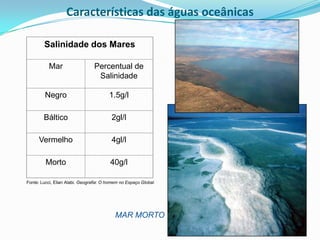 Salinidade dos MaresMarPercentual de SalinidadeNegro1.5g/lBáltico2gl/lVermelho4gl/lMorto40g/lCaracterísticas das águas oceânicasFonte: Lucci, Elian Alabi. Geografia: O homem no Espaço Global. MAR MORTO