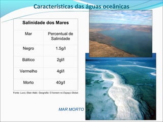 Características das águas oceânicas

        Salinidade dos Mares

           Mar                   Percentual de
                                  Salinidade

         Negro                          1.5g/l

        Báltico                           2gl/l

      Vermelho                            4gl/l

         Morto                           40g/l

Fonte: Lucci, Elian Alabi. Geografia: O homem no Espaço Global.




                                           MAR MORTO
 