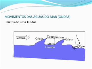 MOVIMENTOS DAS ÁGUAS DO MAR (ONDAS)
Partes de uma Onda:




      Ventos                Comprimento
                  Crista                  Crista
                            Altura
                           Cavado
                           Cavado
 