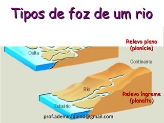 Tipos de foz de um rio
                                    Relevo plano
                                     (planície)




                                   Relevo íngreme
                                      (planalto)

     prof.ademiraquino@gmail.com
 