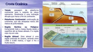 Crosta Oceânica
• Região Nerítica ou Pelágica:
Compreende toda a massa líquida desde a
superfície até as fossas abissais. É a região
mais rica em vida.
• Região Abissal: Zona abissal é uma
região profunda do oceano, variando entre
2.000 e 6.000 metros, o lugar é frio e
muito escuro.
• Talude: passagem da plataforma
continental para o restante do relevo
submarino. Geralmente é uma inclinação
abrupta que marca o fim do continente.
• Plataforma Continental: continuação do
continente, que não ultrapassa meros 200
metros de profundidade.
 