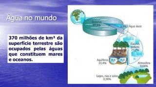 Água no mundo
370 milhões de km² da
superfície terrestre são
ocupados pelas águas
que constituem mares
e oceanos.
 