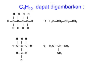 C4H10 dapat digambarkan :
H H H H
| | | |
H ―C―C―C―C―H  H3C―CH2―CH2―CH3
| | | |
H H H H
H H H
| | |
H―C―C―C―H
|
 H3C ―CH―CH3
|
H―C―H
|
CH3
H
 