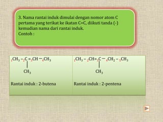 3. Nama rantai induk dimulai dengan nomor atom C 
pertama yang terikat ke ikatan C=C, diikuti tanda (-) 
kemudian nama dari rantai induk. 
Contoh : 
1CH3 –2C =3CH ─4CH3 
CH3 
Rantai induk : 2-butena 
1CH3 – 2CH=3C ─ 4CH2 – 5CH3 
CH3 
Rantai induk : 2-pentena 
 