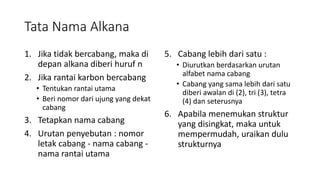 Tata Nama Alkana
1. Jika tidak bercabang, maka di
depan alkana diberi huruf n
2. Jika rantai karbon bercabang
• Tentukan rantai utama
• Beri nomor dari ujung yang dekat
cabang
3. Tetapkan nama cabang
4. Urutan penyebutan : nomor
letak cabang - nama cabang -
nama rantai utama
5. Cabang lebih dari satu :
• Diurutkan berdasarkan urutan
alfabet nama cabang
• Cabang yang sama lebih dari satu
diberi awalan di (2), tri (3), tetra
(4) dan seterusnya
6. Apabila menemukan struktur
yang disingkat, maka untuk
mempermudah, uraikan dulu
strukturnya
 