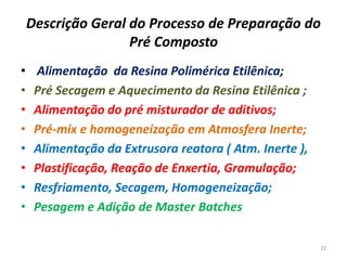 Descrição Geral do Processo de Preparação do
Pré Composto
• Alimentação da Resina Polimérica Etilênica;
• Pré Secagem e Aquecimento da Resina Etilênica ;
• Alimentação do pré misturador de aditivos;
• Pré-mix e homogeneização em Atmosfera Inerte;
• Alimentação da Extrusora reatora ( Atm. Inerte ),
• Plastificação, Reação de Enxertia, Gramulação;
• Resfriamento, Secagem, Homogeneização;
• Pesagem e Adição de Master Batches
22
 