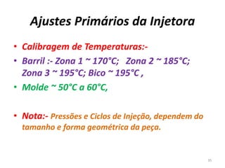 Ajustes Primários da Injetora
• Calibragem de Temperaturas:-
• Barril :- Zona 1 ~ 170°C; Zona 2 ~ 185°C;
Zona 3 ~ 195°C; Bico ~ 195°C ,
• Molde ~ 50°C a 60°C,
• Nota:- Pressões e Ciclos de Injeção, dependem do
tamanho e forma geométrica da peça.
35
 