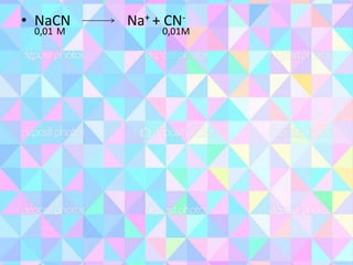 • NaCN Na+ + CN-
0,01 M 0,01M
 