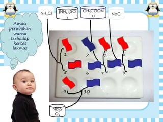 5
3
86
21
109
4
7
NH4Cl NaCl
CH3COON
a
(NH4)2SO
4
Na2S
O4
Amati
perubahan
warna
terhadap
kertas
lakmus
 