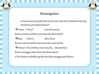 Kesimpulan
1. Larutanmana yangbersifatnetral,asamdan basa?Jelaskanhalyang
mendasaripercobaan diatas??
 Asam = NH4Cl (merah-merah)
Karena zat berasaldari asamkuat dan basalemah
Basa = NaCO3 (biru-biru)
Karena zat berasaldari basakuatdan asamlemah
 Netral =CH3COONa,NaCl,Na2SO4 (merah-biru)
Karena menggunakanAsamdan Basasejenis
# Percobaan inididukung darihasildari penggunaanlakmus
 