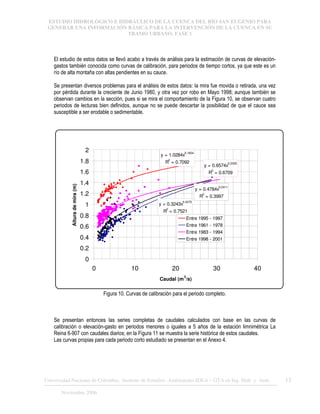 ESTUDIO HIDROLÓGICO E HIDRÁULICO DE LA CUENCA DEL RÍO SAN EUGENIO PARA
GENERAR UNA INFORMACIÓN BÁSICA PARA LA INTERVENCIÓN DE LA CUENCA EN SU
TRAMO URBANO. FASE 1
Universidad Nacional de Colombia, Instituto de Estudios .Ambientales IDEA – GTA en Ing. Hidr. y Amb. 13
Noviembre 2006
El estudio de estos datos se llevó acabo a través de análisis para la estimación de curvas de elevación-
gastos también conocida como curvas de calibración, para periodos de tiempo cortos, ya que este es un
río de alta montaña con altas pendientes en su cauce.
Se presentan diversos problemas para el análisis de estos datos: la mira fue movida o retirada, una vez
por pérdida durante la creciente de Junio 1980, y otra vez por robo en Mayo 1998; aunque también se
observan cambios en la sección, pues si se mira el comportamiento de la Figura 10, se observan cuatro
periodos de lecturas bien definidos, aunque no se puede descartar la posibilidad de que el cauce sea
susceptible a ser erodable o sedimentable.
y = 1.0284x
0.1654
R
2
= 0.7092
y = 0.3243x
0.4375
R
2
= 0.7521
y = 0.6574x
0.2322
R
2
= 0.6709
y = 0.4784x
0.2411
R
2
= 0.3997
0
0.2
0.4
0.6
0.8
1
1.2
1.4
1.6
1.8
2
0 10 20 30 40
Caudal (m
3
/s)
Altura
de
mira
(m)
Entre 1995 - 1997
Entre 1961 - 1978
Entre 1983 - 1994
Entre 1998 - 2001
Figura 10. Curvas de calibración para el periodo completo.
Se presentan entonces las series completas de caudales calculados con base en las curvas de
calibración o elevación-gasto en periodos menores o iguales a 5 años de la estación limnimétrica La
Reina 6-907 con caudales diarios; en la Figura 11 se muestra la serie histórica de estos caudales.
Las curvas propias para cada periodo corto estudiado se presentan en el Anexo 4.
 