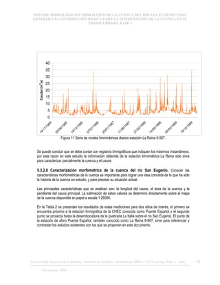 ESTUDIO HIDROLÓGICO E HIDRÁULICO DE LA CUENCA DEL RÍO SAN EUGENIO PARA
GENERAR UNA INFORMACIÓN BÁSICA PARA LA INTERVENCIÓN DE LA CUENCA EN SU
TRAMO URBANO. FASE 1
Universidad Nacional de Colombia, Instituto de Estudios .Ambientales IDEA – GTA en Ing. Hidr. y Amb. 14
Noviembre 2006
0
5
10
15
20
25
30
35
40
1
4
/
1
1
/
1
9
8
4
0
2
/
0
6
/
1
9
8
5
1
9
/
1
2
/
1
9
8
5
0
7
/
0
7
/
1
9
8
6
2
3
/
0
1
/
1
9
8
7
1
1
/
0
8
/
1
9
8
7
2
7
/
0
2
/
1
9
8
8
1
4
/
0
9
/
1
9
8
8
0
2
/
0
4
/
1
9
8
9
1
9
/
1
0
/
1
9
8
9
Caudal
(m
3
/s)
Figura 11 Serie de niveles limnimétricos diarios estación La Reina 6-907.
Se puede concluir que se debe contar con registros limnigráficos que indiquen los máximos instantáneos,
por esta razón en este estudio la información obtenida de la estación limnimétrica La Reina sólo sirve
para caracterizar parcialmente la cuenca y el cauce.
5.3.2.6 Caracterización morfométrica de la cuenca del río San Eugenio. Conocer las
características morfométricas de la cuenca es importante para lograr una idea concreta de lo que ha sido
la historia de la cuenca en estudio, y para precisar su situación actual.
Las principales características que se analizan son: la longitud del cauce, el área de la cuenca y la
pendiente del cauce principal. La estimación de estos valores se determinó directamente sobre el mapa
de la cuenca disponible en papel a escala 1:25000.
En la Tabla 2 se presentan los resultados de estas mediciones para dos sitios de interés, el primero se
encuentra próximo a la estación limnigráfica de la CHEC conocida como Puente Español y el segundo
punto se proyecta hasta la desembocadura de la quebrada La Italia sobre el río San Eugenio. El punto de
la estación de aforo Puente Español, también conocido como La Reina 6-907, sirve para referenciar y
contrastar los estudios existentes con los que se proponen en este documento.
 