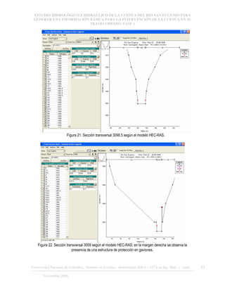 ESTUDIO HIDROLÓGICO E HIDRÁULICO DE LA CUENCA DEL RÍO SAN EUGENIO PARA
GENERAR UNA INFORMACIÓN BÁSICA PARA LA INTERVENCIÓN DE LA CUENCA EN SU
TRAMO URBANO. FASE 1
Universidad Nacional de Colombia, Instituto de Estudios .Ambientales IDEA – GTA en Ing. Hidr. y Amb. 33
Noviembre 2006
Figura 21. Sección transversal 3098.5 según el modelo HEC-RAS.
Figura 22. Sección transversal 3009 según el modelo HEC-RAS; en la margen derecha se observa la
presencia de una estructura de protección en gaviones.
 